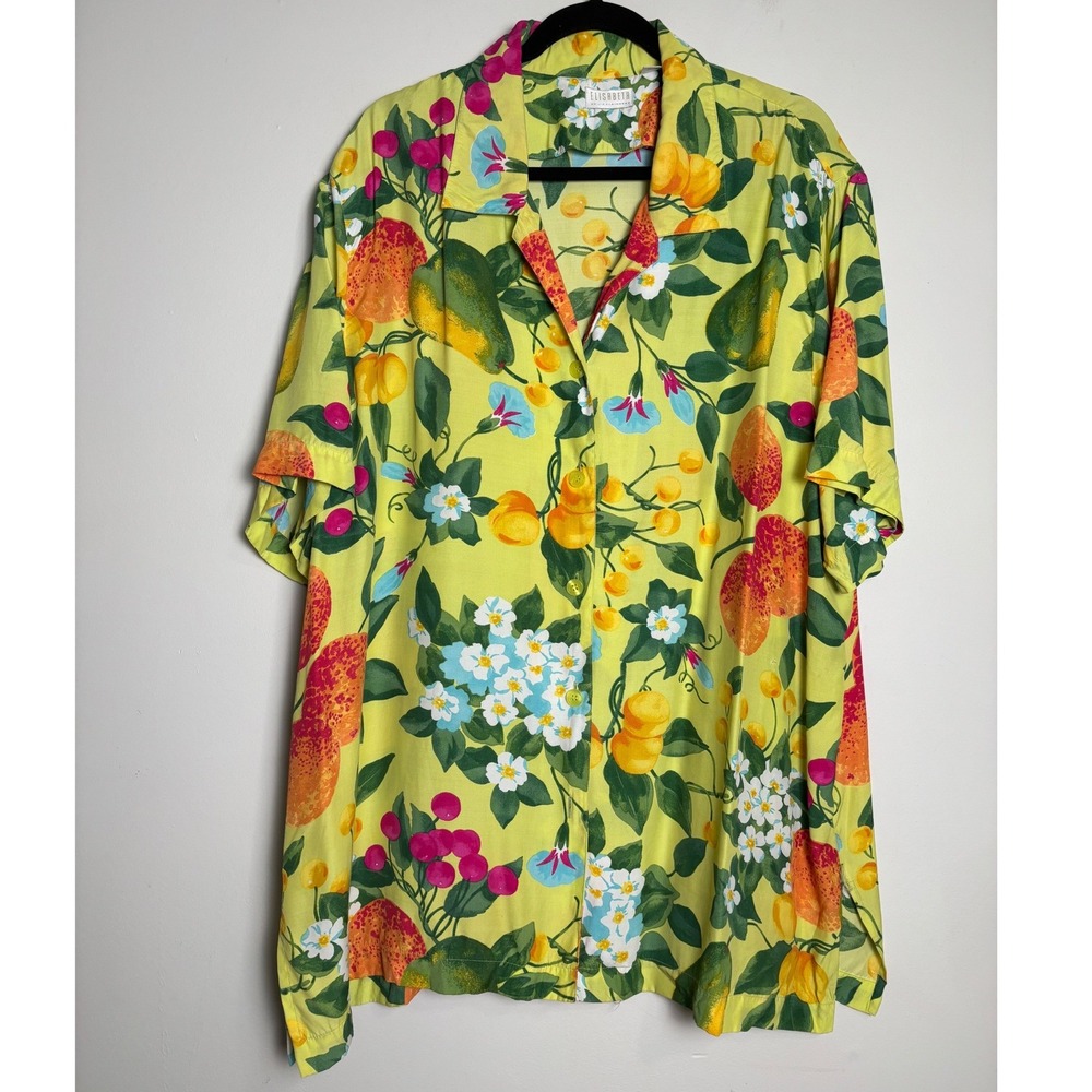 Elisabeth Womens Yellow Fruit Tropical Floral Shirt 22 Button‎ Up Short Sleeve